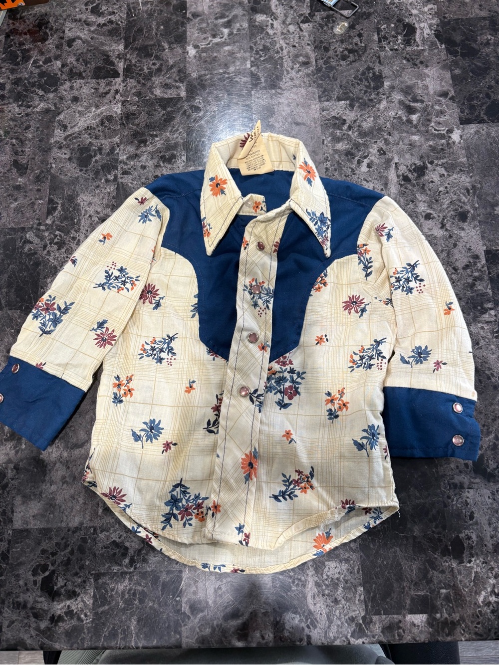 VTG 70s Kid Kountry Western Art Toddler Pearl Snap Shirt Floral Contrast Yoke 2T
